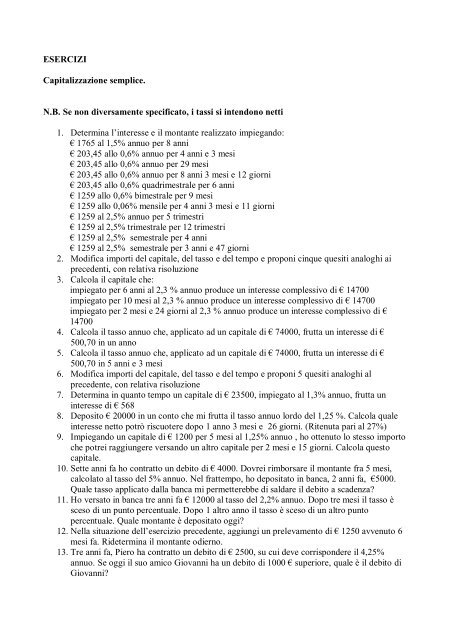Primi Esercizi di matematica finanziaria - Itcgruffini.eu