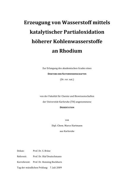 Erzeugung von Wasserstoff mittels katalytischer Partialoxidation ...