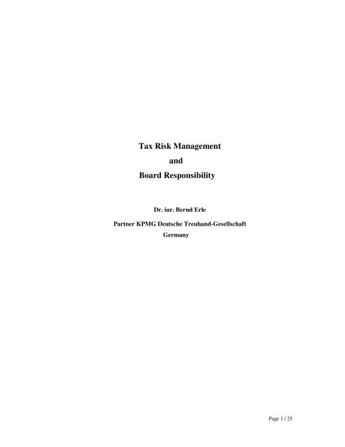 Tax Risk Management and Board Responsibility - International Tax ...