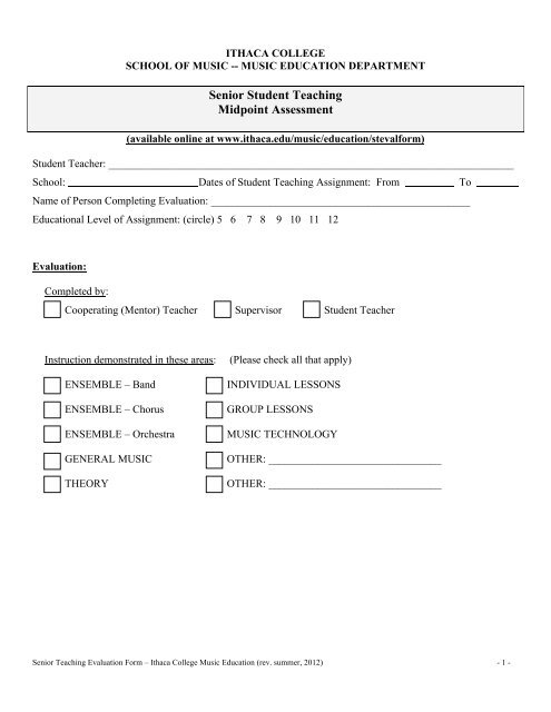 Download Student Teaching Evaluation Form - Ithaca College