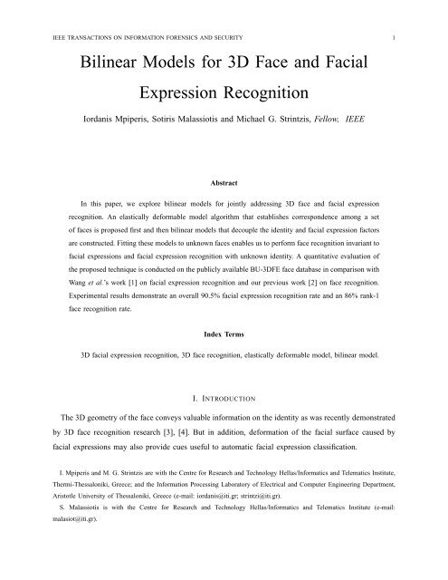 Bilinear Models for 3D Face and Facial Expression Recognition