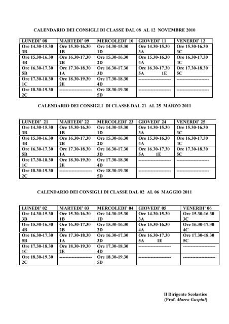 calendario dei consigli di classe dal 08 al 12 novembre 2010 lunedi