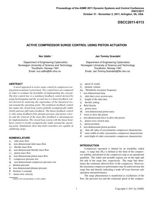 Active Compressor Surge Control Using Piston Actuation - NTNU