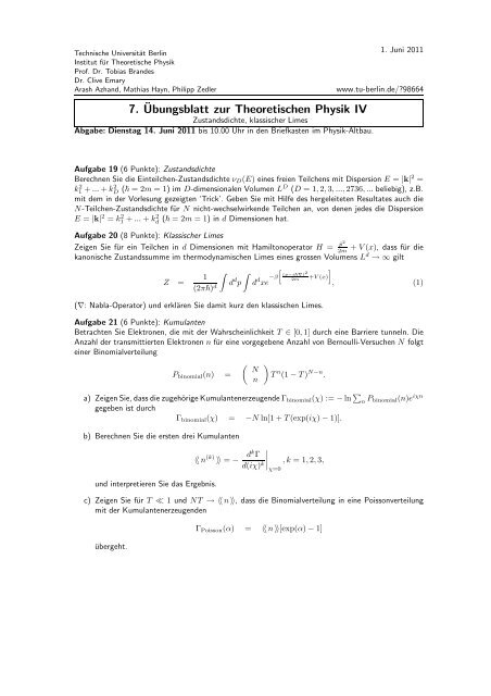 Uebung7.pdf - Institut fÃ¼r Theoretische Physik - TU Berlin