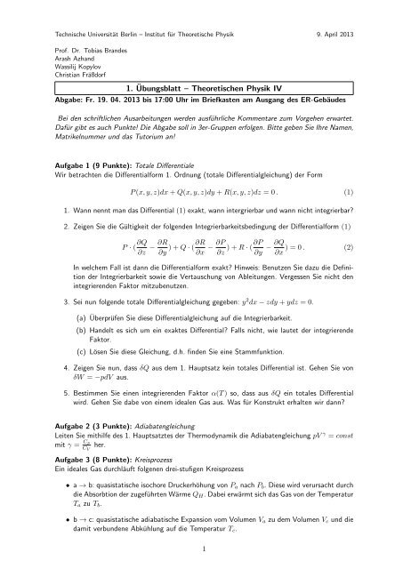 Ãbung 1 (PDF, 119,0 KB) - Institut fÃ¼r Theoretische Physik