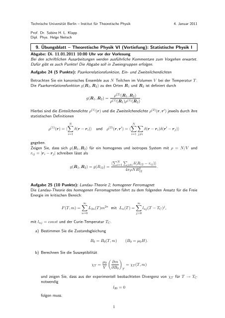 9. Ãbungsblatt â Theoretische Physik VI (Vertiefung): Statistische ...