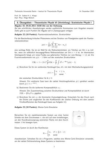 8. Ãbungsblatt â Theoretische Physik VI (Vertiefung): Statistische ...