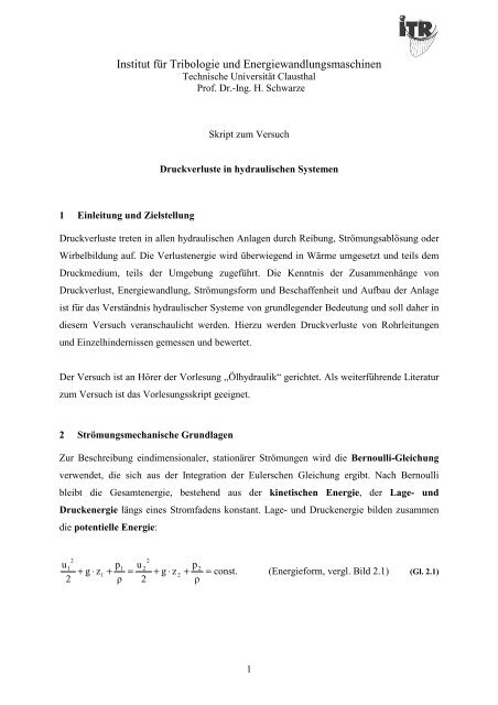 Druckverluste in hydraulischen Sytemen - Institut fÃ¼r Tribologie und ...