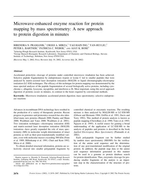 Microwave-enhanced enzyme reaction for protein mapping by mass ...