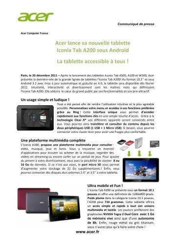 Acer lance sa nouvelle tablette Iconia Tab A200 sous ... - ITRpress