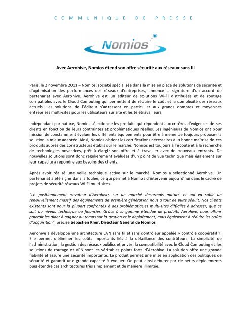 COMMUNIQUE DE PRESSE Avec Aerohive, Nomios ... - ITRpress