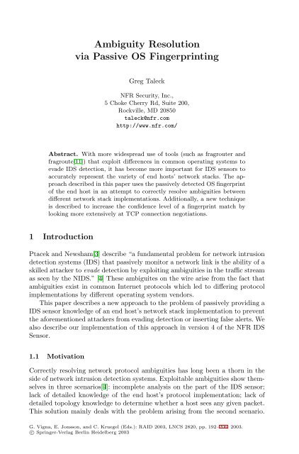 LNCS 2820 - Ambiguity Resolution via Passive OS Fingerprinting