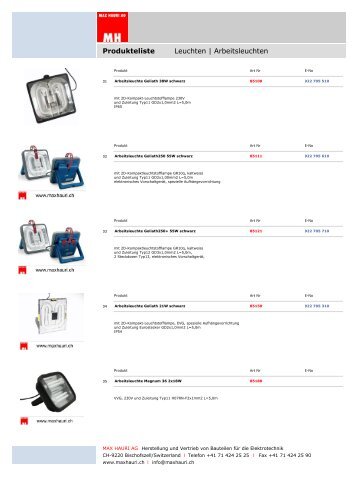 Produkteliste Leuchten | Arbeitsleuchten - Max Hauri AG