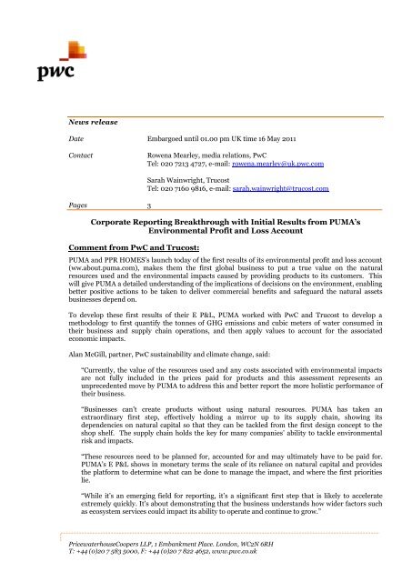 Press Release Pwc / Trucost - About PUMA