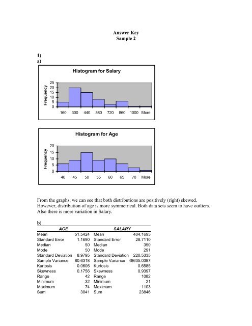 Answer Key Sample 2 1) a) Histogram for Salary Histogram for Age ...