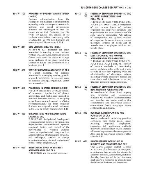 INDIANA UNIVERSITY SOUTH BEND Course Descriptions