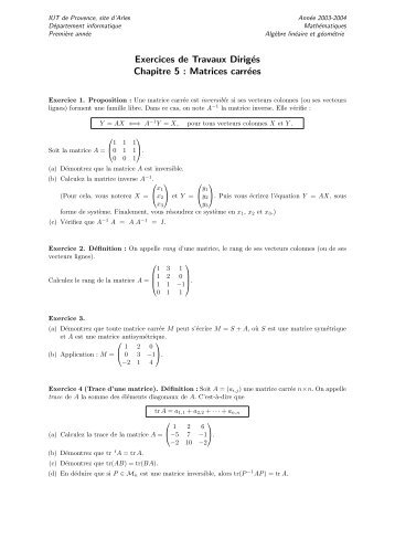 Exercices de Travaux DirigÃ©s Chapitre 5 : Matrices ... - IUT d'Arles