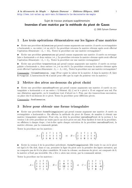 Inversion d'une matrice par la mÃ©thode du pivot de ... - IUT d'Arles