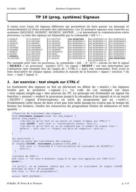 TP 10 (prog. systÃ¨me) Signaux - IUT d'Arles