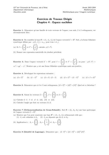 Exercices de Travaux DirigÃ©s Chapitre 4 : Espace ... - IUT d'Arles