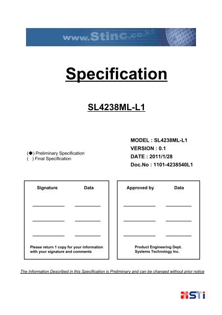 Bar LCM Specification SL4238ML-L1