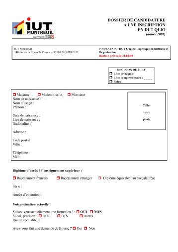 dossier de candidature a une inscription en dut qlio - IUT de Montreuil