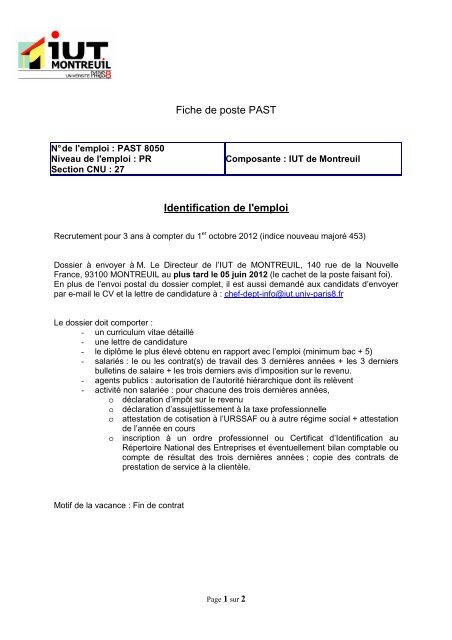 Fiche de poste PAST Identification de l'emploi - IUT de Montreuil