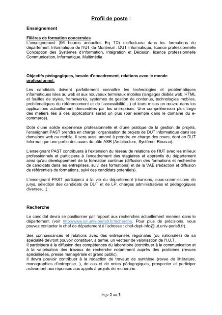 Fiche de poste PAST Identification de l'emploi - IUT de Montreuil