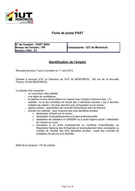 Fiche de poste PAST Identification de l'emploi - IUT de Montreuil