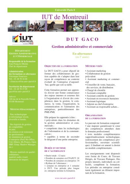 la fiche du DUT GACO - IUT de Montreuil - UniversitÃ© Paris 8