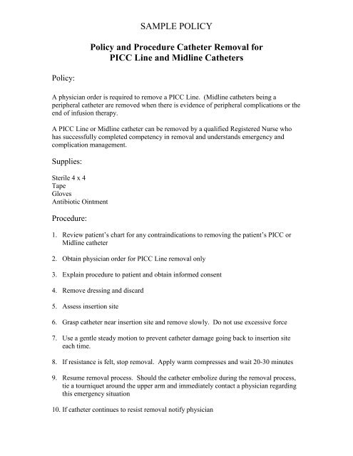 Picc Line Removal Charting Sample