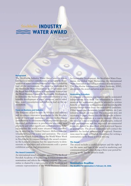 Invitation to Nominate 2006 Stockholm Industry Water Award - IVA