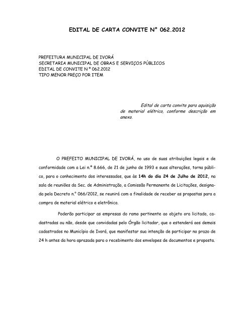 edital de carta convite nÂ° 062.2012 - Prefeitura Municipal de IvorÃ¡