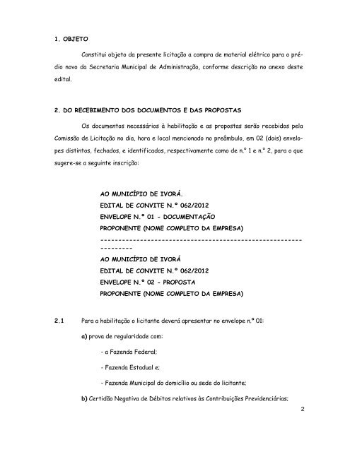 edital de carta convite nÂ° 062.2012 - Prefeitura Municipal de IvorÃ¡