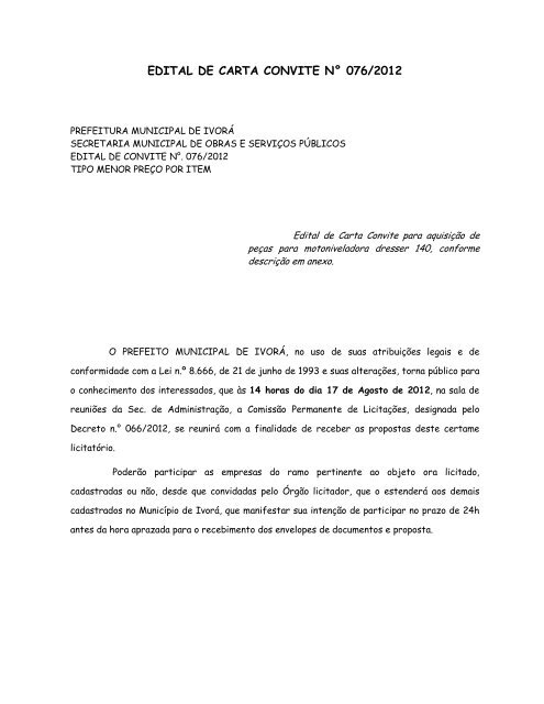 edital de carta convite nÂ° 076/2012 - Prefeitura Municipal de IvorÃ¡