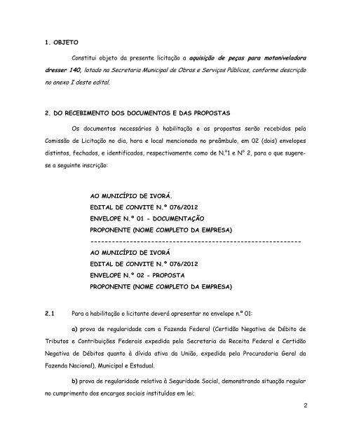 edital de carta convite nÂ° 076/2012 - Prefeitura Municipal de IvorÃ¡