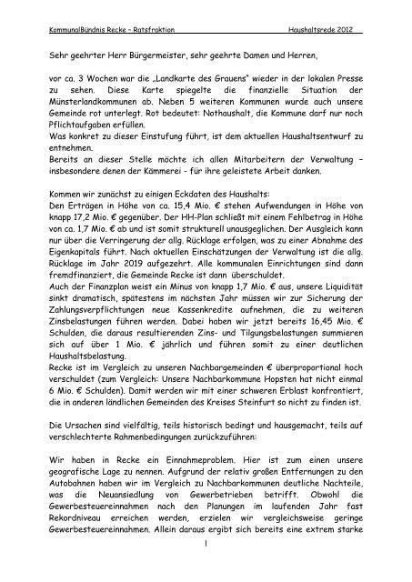 1 Sehr geehrter Herr Bürgermeister, sehr geehrte Damen und