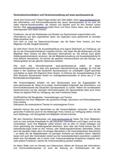 Vereinskommunikation und Vereinsverwaltung auf www