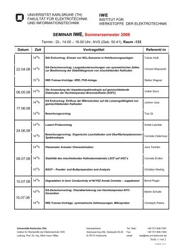 IWE SEMINAR IWE, Sommersemester 2008 - am IWE