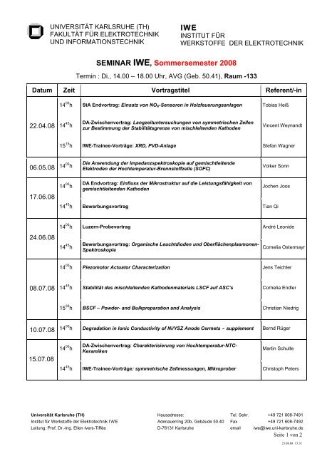 IWE SEMINAR IWE, Sommersemester 2008 - am IWE