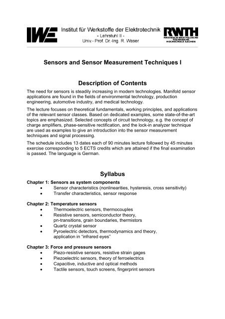 Sensors and Sensor Measurement Techniques I Description of ...