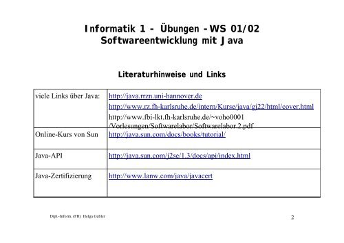 Informatik 1 - Ãbungen -WS 01/02 Softwareentwicklung mit Java