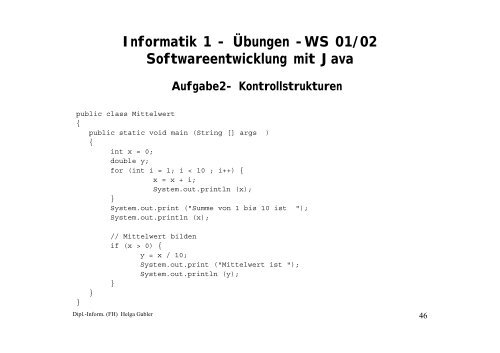 Informatik 1 - Ãbungen -WS 01/02 Softwareentwicklung mit Java