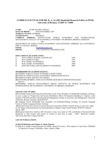 1 CURRICULUM VITAE FOR DR. R. A. ALABI, Humboldt Research ...