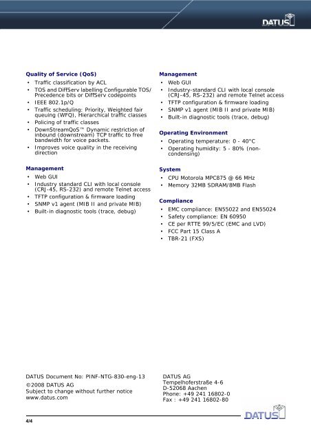 NTG 830 Series Product Information - DATUS AG