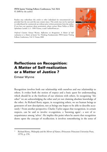 Reflections on Recognition: A Matter of Self-realization or a ... - IWM