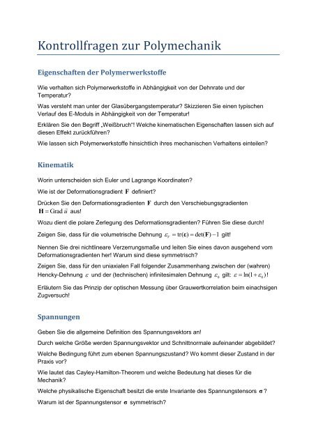 Kontrollfragen zur Polymechanik