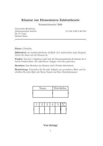 Klausur zur Elementaren Zahlentheorie Name Matrikelnr. 1 2 ... - IWR