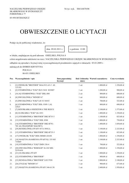 OBWIESZCZENIE O LICYTACJI - Izba Skarbowa w Bydgoszczy