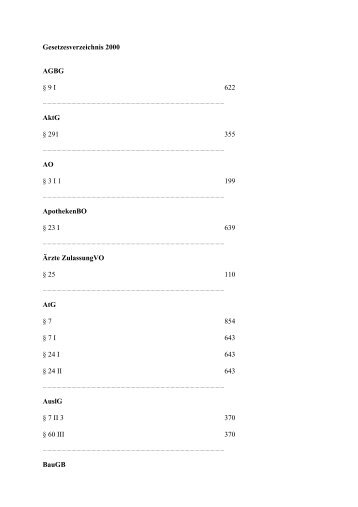 Gesetzesverzeichnis 2000 AGBG Â§ 9 I 622 AktG Â§ 291 ... - Ja-Aktuell